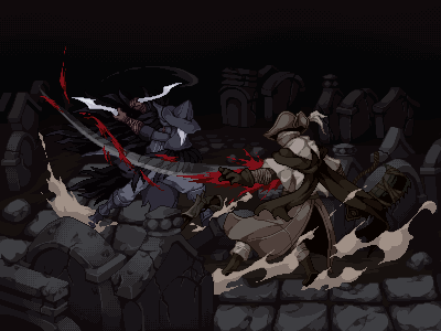 2boys, blood, bloodborne, boots, brown_gloves, character_request, dagger, dual_wielding, dust, gloves, graveyard, hat, holding, holding_weapon, hunter_(bloodborne), lowres, male_focus, multiple_boys, pixel_art, tombstone, tricorne, warabin_(suteki_denpun), weapon