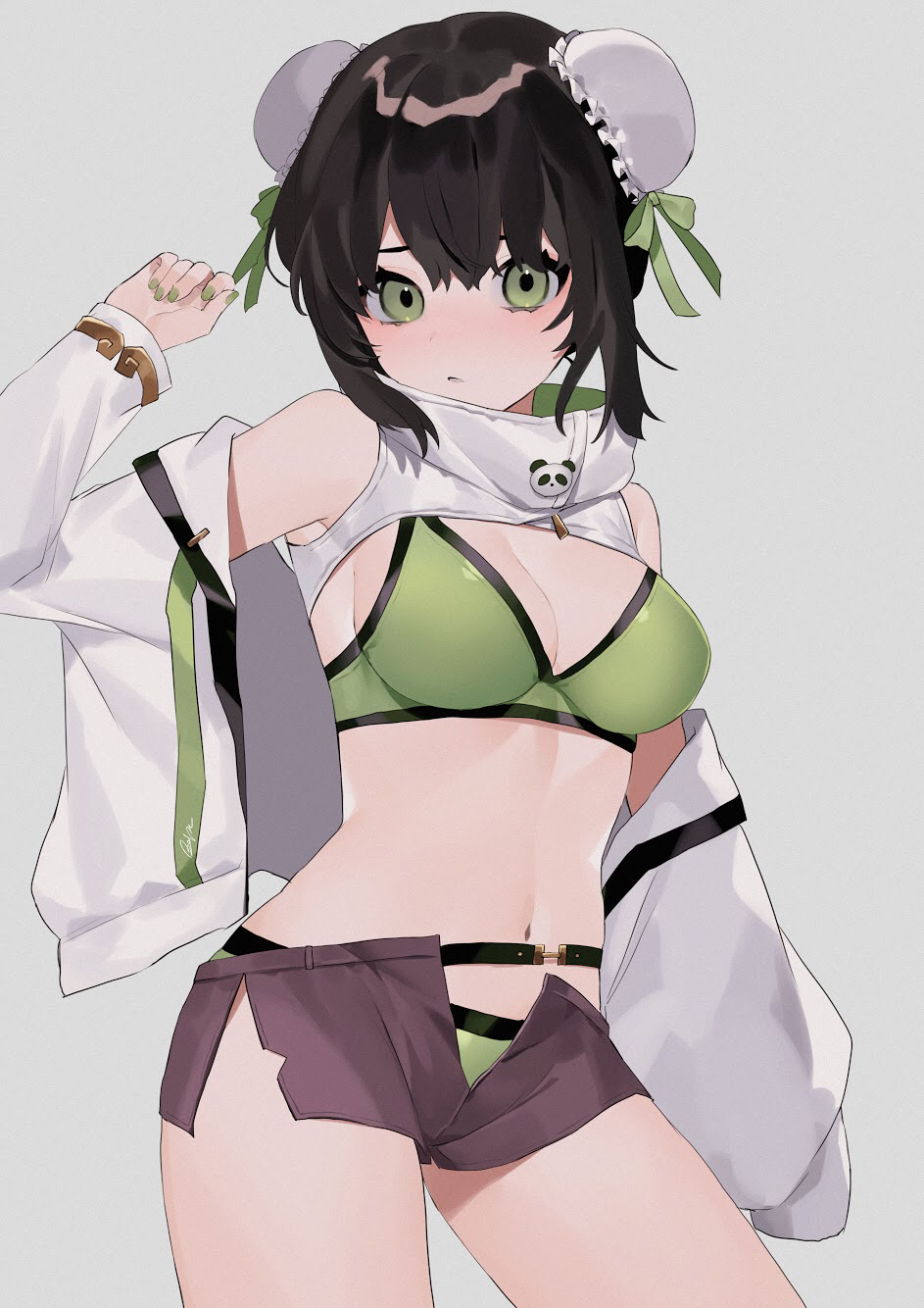 1girl, bangs, bare_shoulders, bebe_pp, bikini, black_hair, breasts, brown_shorts, bun_cover, chainsaw_of_the_dead, cowboy_shot, double_bun, fate/grand_order, fate_(series), green_bikini, green_eyes, green_nails, green_ribbon, grey_background, hand_up, highres, jacket, long_sleeves, looking_at_viewer, nail_polish, navel, open_clothes, open_fly, open_jacket, qin_liangyu_(fate), ribbon, shiny, shiny_hair, short_shorts, shorts, simple_background, solo, standing, swimsuit, swimsuit_under_clothes, thighs, white_jacket