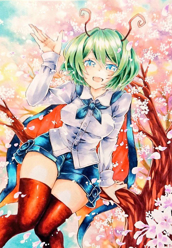 1girl, alternate_breast_size, antennae, bangs, black_cape, black_legwear, black_shorts, blush