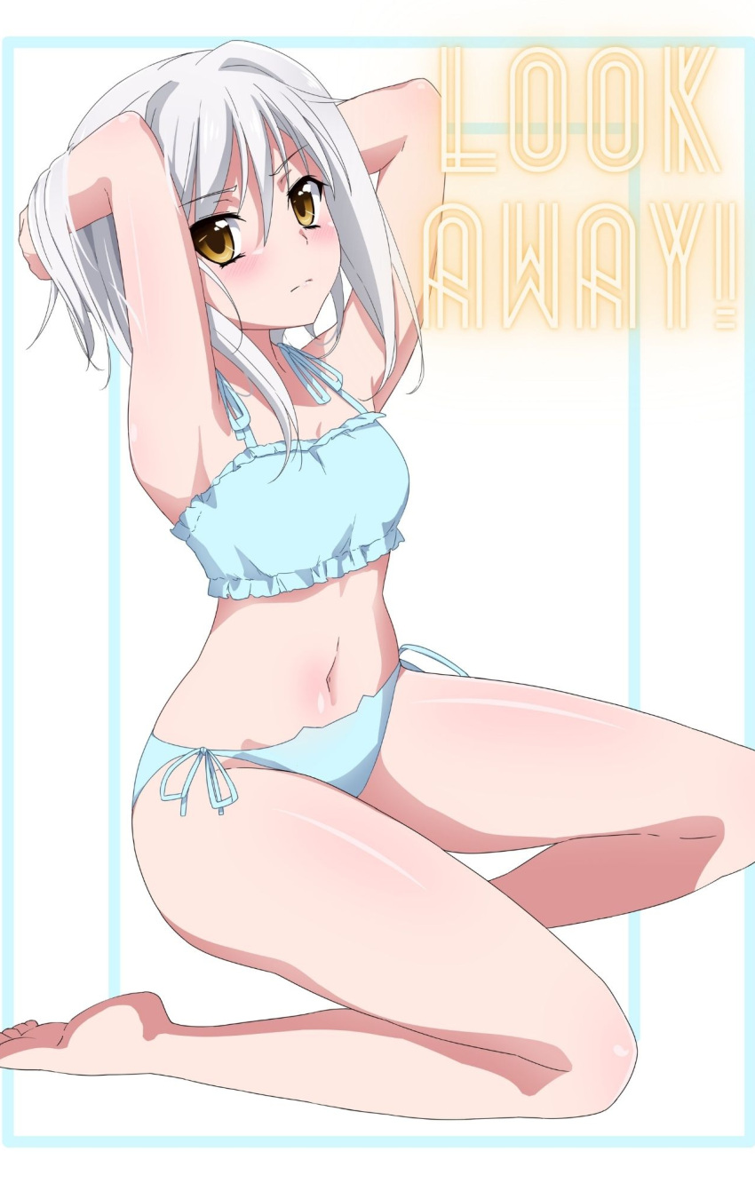 1girl, armpits, arms_up, bangs, bare_arms, bare_legs, bare_shoulders, barefoot