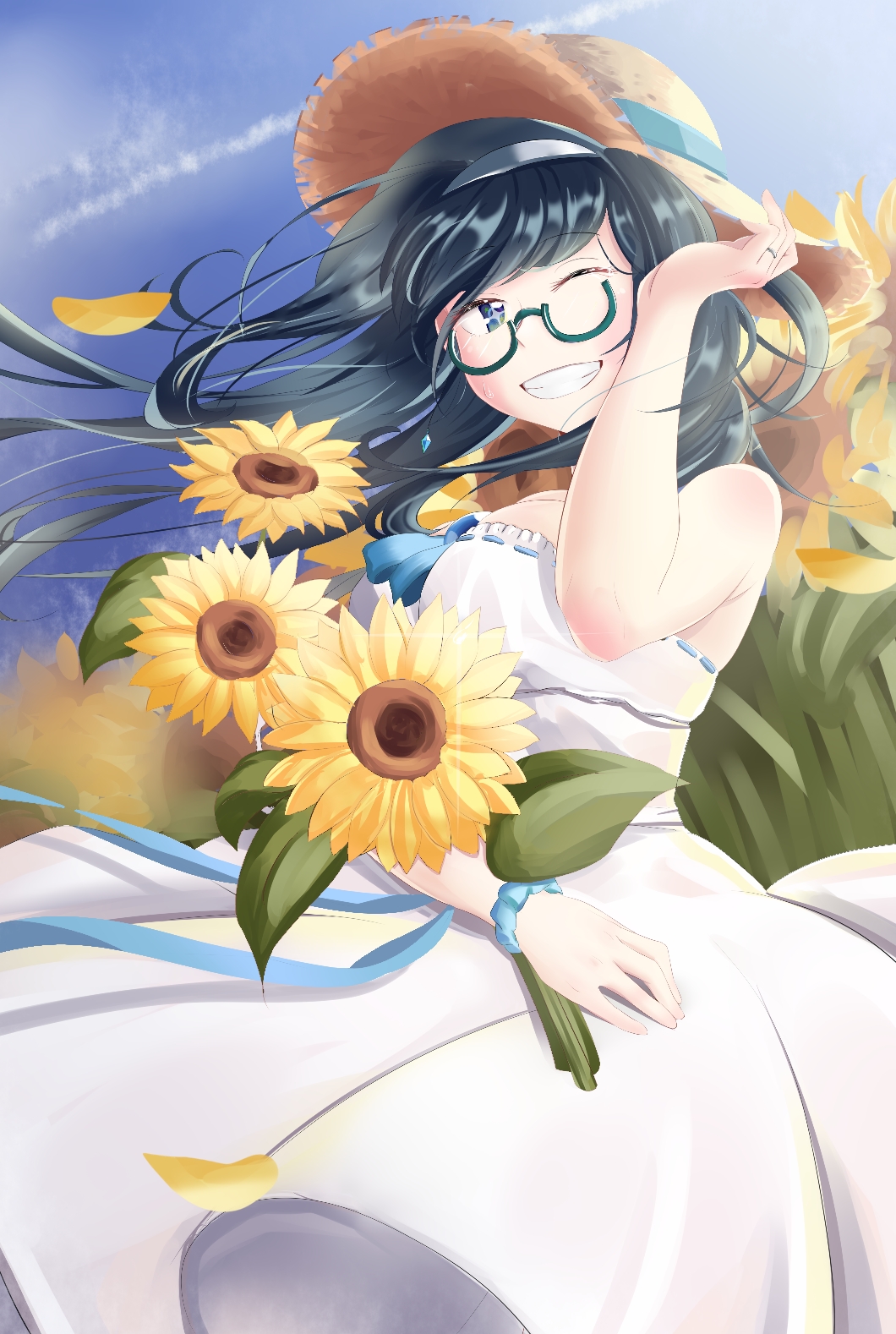 1girl, bare_shoulders, black_hair, blue_ribbon, dress, flower, hand_up, hat