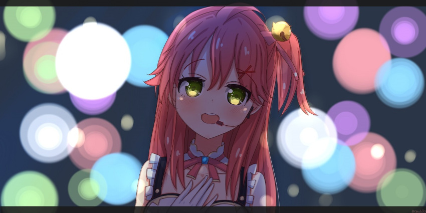 1girl, alternate_costume, bell, earphones, gloves, green_eyes, hair_bell, hair_ornament