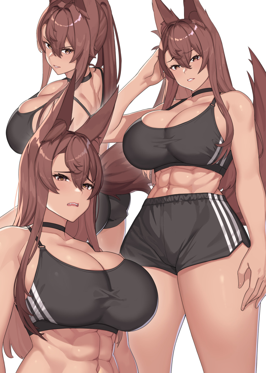 1girl, abs, adidas, animal_ears, bangs, black_bra, black_choker, black_shorts