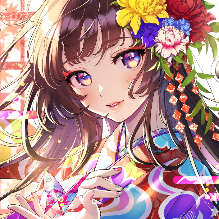 1girl, backlighting, bangs, blue_eyes, blue_flower, blue_nails, blunt_bangs, brown_hair