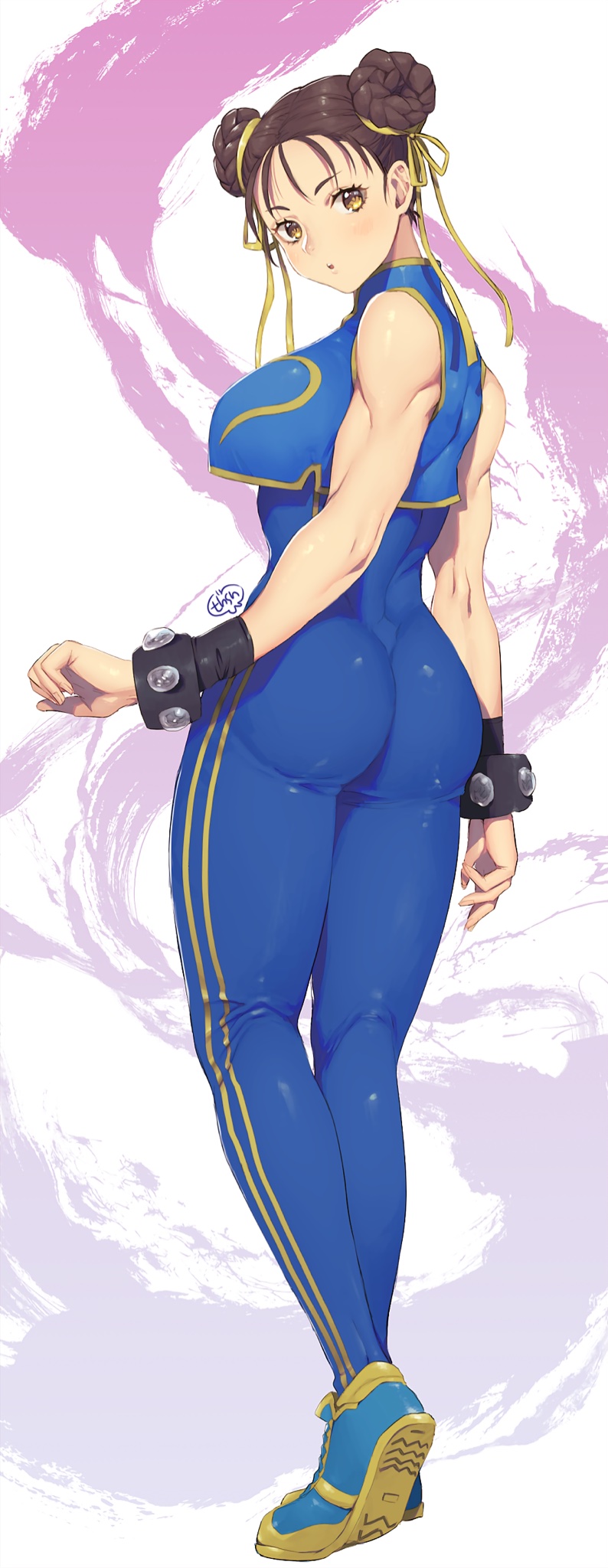 1girl, ass, bangs, blue_bodysuit, blush, bodysuit, bracelet, breasts