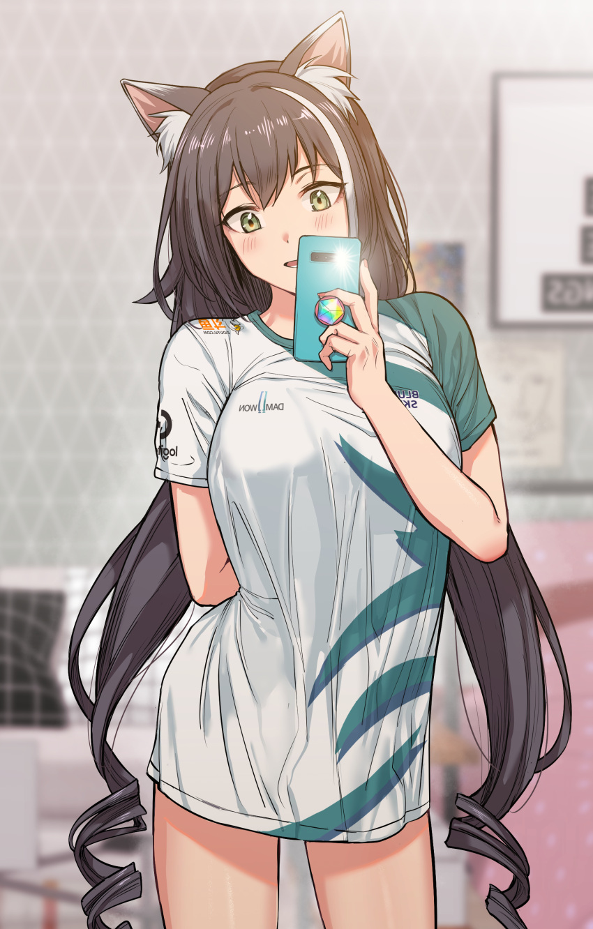 1girl, absurdres, animal_ear_fluff, animal_ears, black_hair, blurry, blurry_background, breasts, cat_ears, cellphone, cowboy_shot, damwon_gaming, depth_of_field, green_eyes, highres, holding, holding_phone, karyl_(princess_connect!), long_hair, multicolored_hair, no_pants, noah_(pixiv), pajamas_challenge, phone, princess_connect!, princess_connect!_re:dive, self_shot, shirt, solo, streaked_hair, t-shirt, twintails, very_long_hair