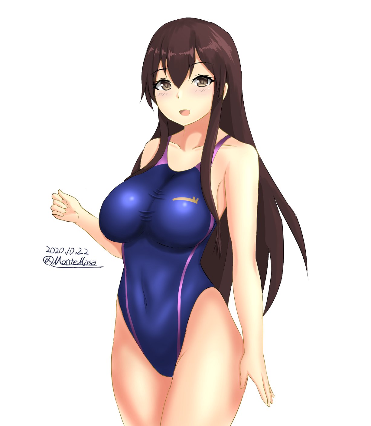 1girl, akagi_(kantai_collection), blue_swimsuit, breasts, brown_eyes, brown_hair, competition_swimsuit, cowboy_shot