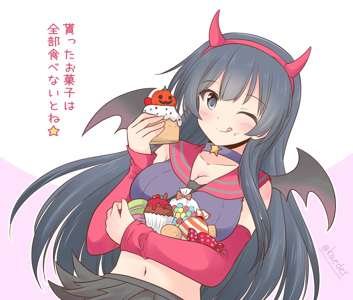 1girl, adapted_costume, agano_(kantai_collection), bat_wings, black_hair, black_shirt, black_skirt, commentary_request, cowboy_shot, cupcake, demon_horns, demon_wings, detached_sleeves, fake_horns, food, green_eyes, halloween_costume, horns, icesherbet, kantai_collection, long_hair, looking_at_viewer, midriff, red_sailor_collar, sailor_collar, shirt, skirt, sleeveless, sleeveless_shirt, solo, translation_request, wings