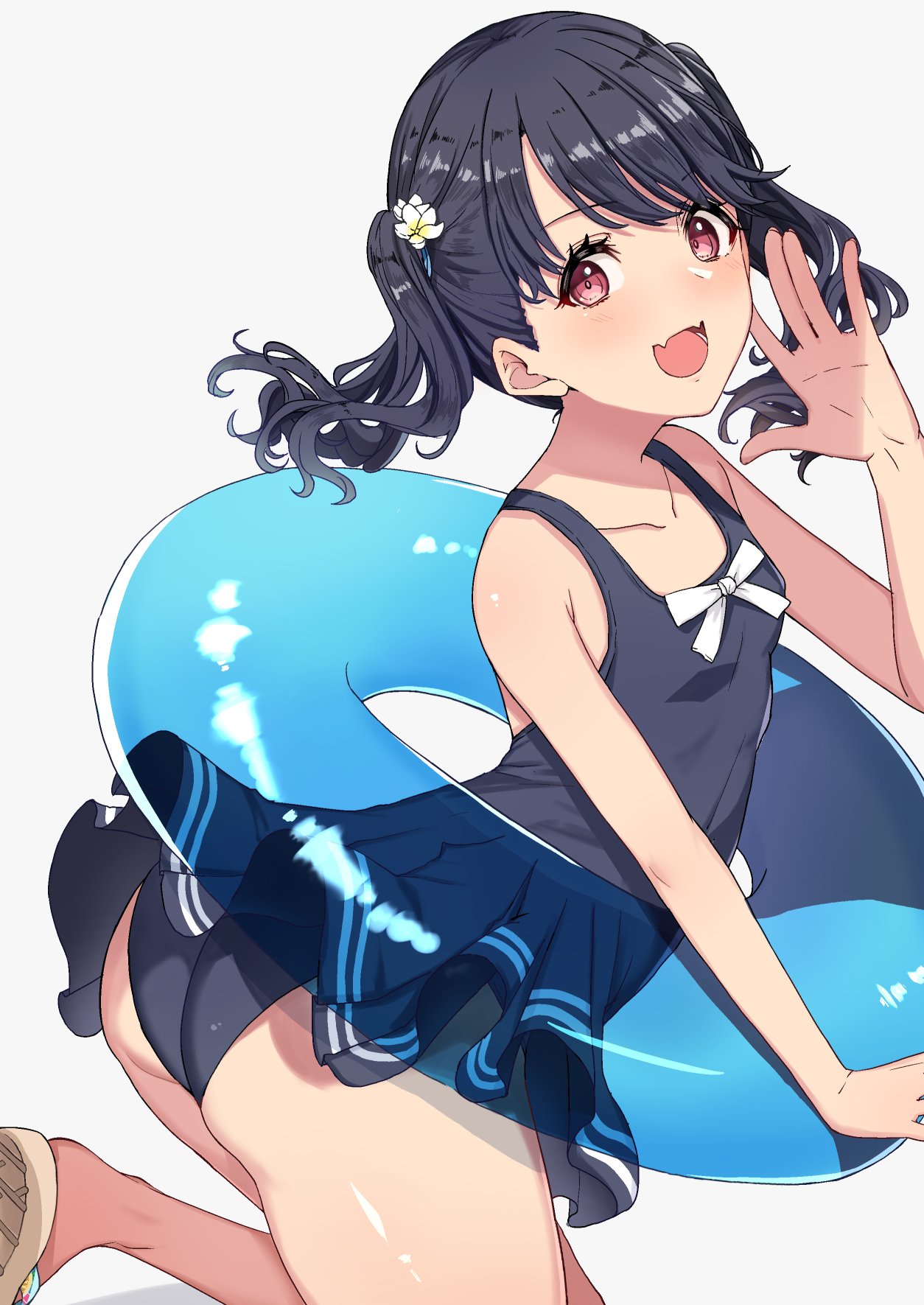 1girl, artist_request, ass, bare_arms, bare_shoulders, black_hair, black_swimsuit, collarbone