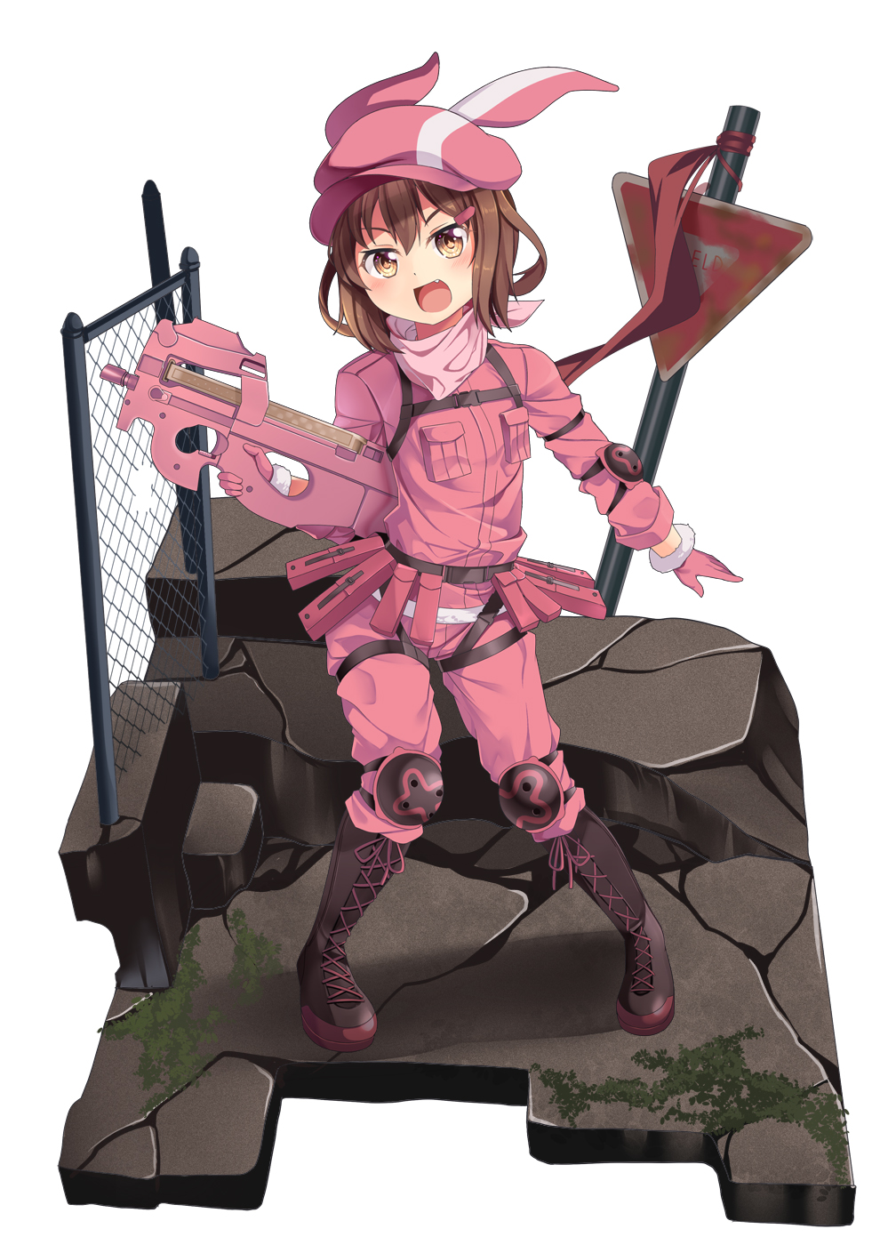 1girl, :d, animal_ears, animal_hat, bangs, blush, boots, breast_pocket, brown_eyes, brown_footwear, brown_hair, bullpup, bunny_hat, chain-link_fence, commentary_request, cosplay, cracked_floor, cross-laced_footwear, elbow_pads, eyebrows_behind_hair, fang, fence, full_body, fur-trimmed_gloves, fur_trim, gloves, gun, hair_between_eyes, hair_ornament, hairclip, hat, highres, holding, holding_gun, holding_weapon, ikazuchi_(kantai_collection), jacket, kantai_collection, knee_boots, knee_pads, lace-up_boots, llenn_(sao), llenn_(sao)_(cosplay), long_sleeves, looking_at_viewer, open_mouth, p-chan_(p-90), p90, pants, pink_bandana, pink_gloves, pink_headwear, pink_jacket, pink_pants, pink_scarf, pocket, rabbit_ears, road_sign, scarf, short_hair, sidelocks, sign, simple_background, smile, snap-fit_buckle, solo, standing, submachine_gun, sword_art_online, sword_art_online_alternative:_gun_gale_online, weapon, white_background, yasume_yukito