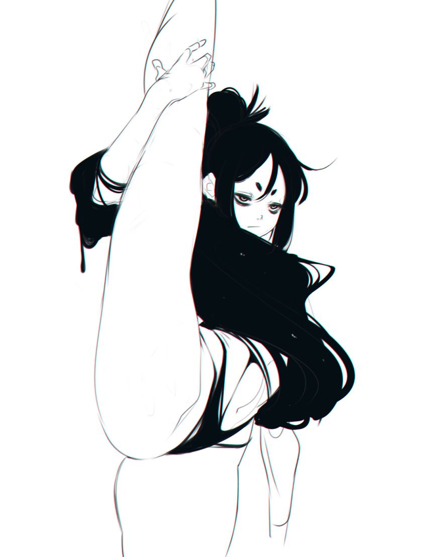 1girl, bags_under_eyes, chromatic_aberration, commentary, cowboy_shot, english_commentary, flexible, greyscale
