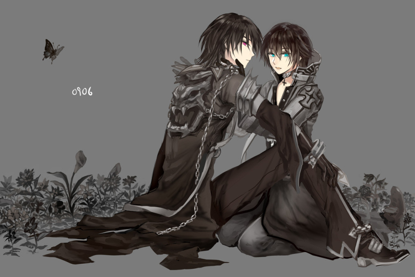 2boys, archbishop_(ragnarok_online), bangs, black_butterfly, black_cape, black_flower, black_footwear, black_gloves