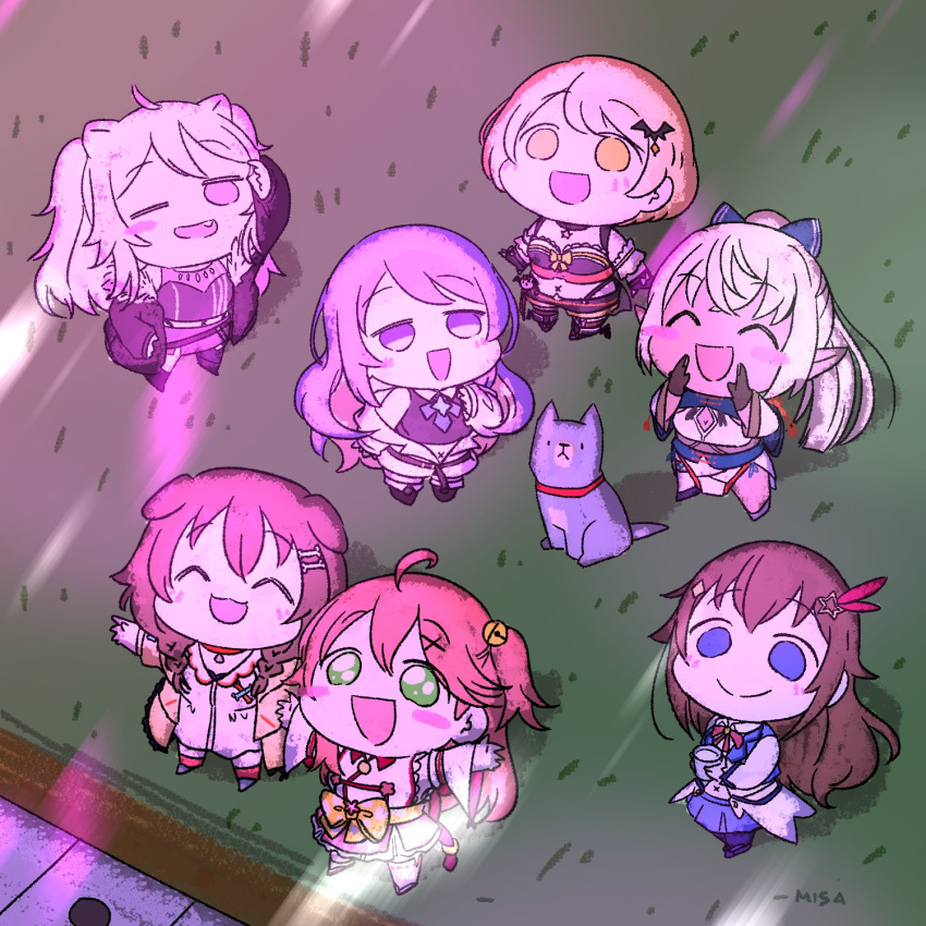 6+girls, :d, ^_^, ahoge, animal_ears, arm_up, arms_up, bat_hair_ornament