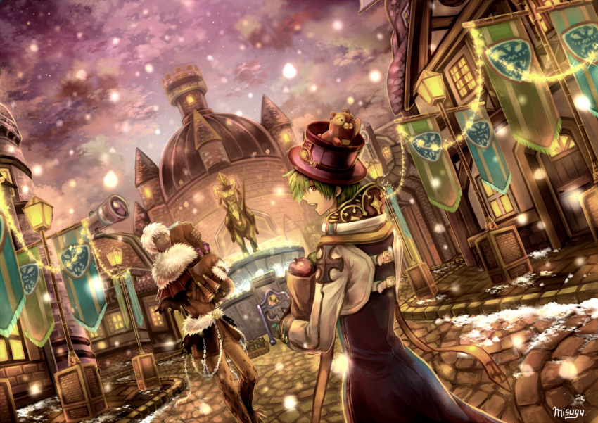 2boys, animal, animal_in_clothes, animal_print, apple, archbishop_(ragnarok_online), back, bag