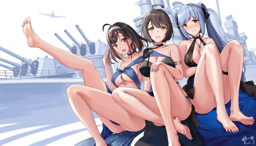 3girls, absurdres, azur_lane, baltimore_(azur_lane), bare_legs, barefoot, black_hair, blue_cloak