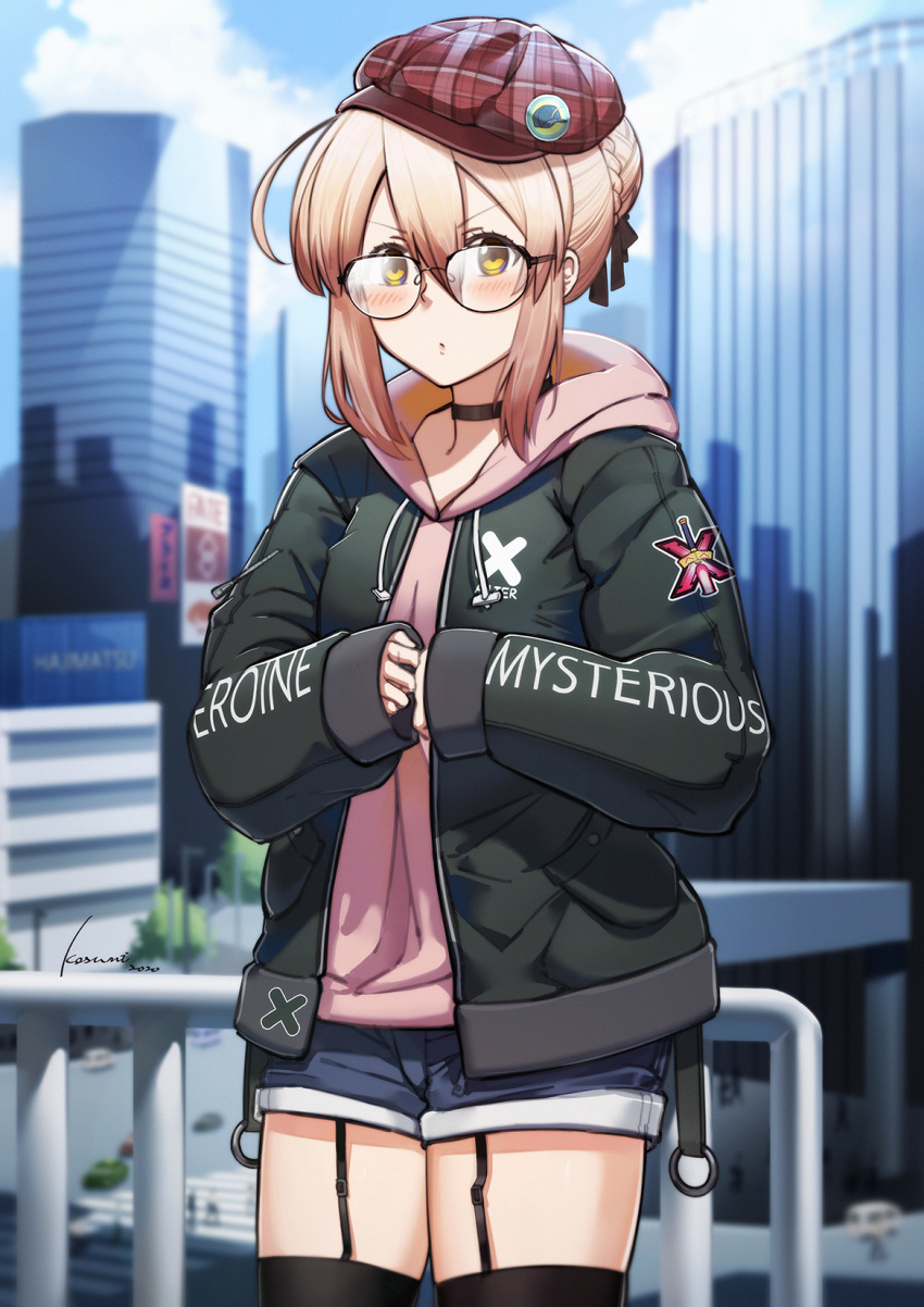 1girl, ahoge, alternate_costume, artoria_pendragon_(all), bespectacled, black_jacket, black_legwear, black_ribbon