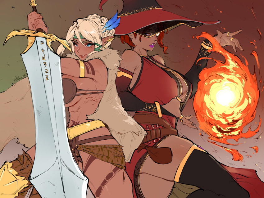 2girls, arm_tattoo, armlet, armor, back-to-back, bikini_armor, blue_eyes, boots