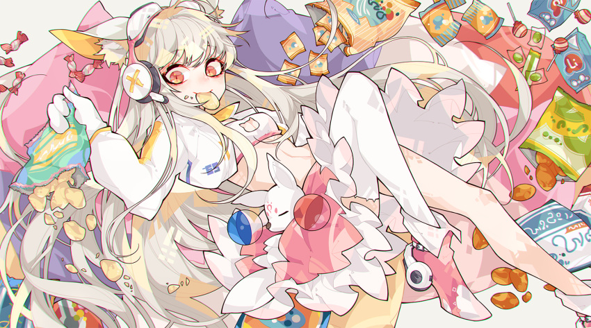 1girl, animal_ear_fluff, animal_ears, boots, breasts, candy, cat_cutout, chips