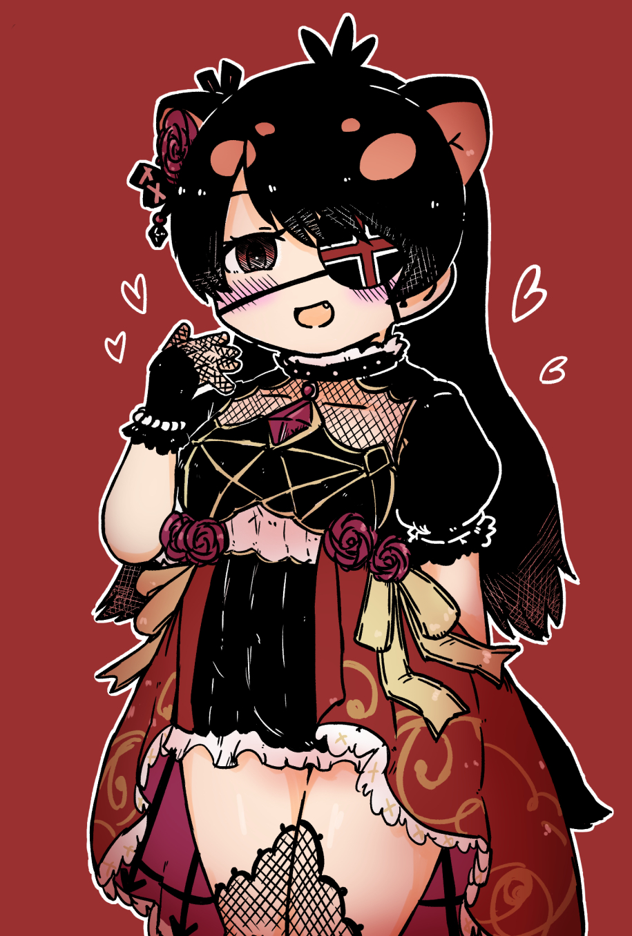 1girl, alternate_costume, animal_ears, arm_behind_back, australian_devil_(kemono_friends), bangs, bare_arms, blush, brooch, dress, empty_eyes, extra_ears, eyepatch, fang, fishnet_gloves, fishnet_legwear, fishnets, flower, gloves, hair_flower, hair_ornament, hand_up, highres, jewelry, kemono_friends, kemono_friends_3, long_hair, multicolored_hair, numazoko_namazu, one_eye_covered, open_mouth, parted_bangs, puffy_short_sleeves, puffy_sleeves, red_background, rose, short_dress, short_sleeves, simple_background, smile, solo, tail, tasmanian_devil_ears, tasmanian_devil_tail, thigh-highs, two-tone_hair