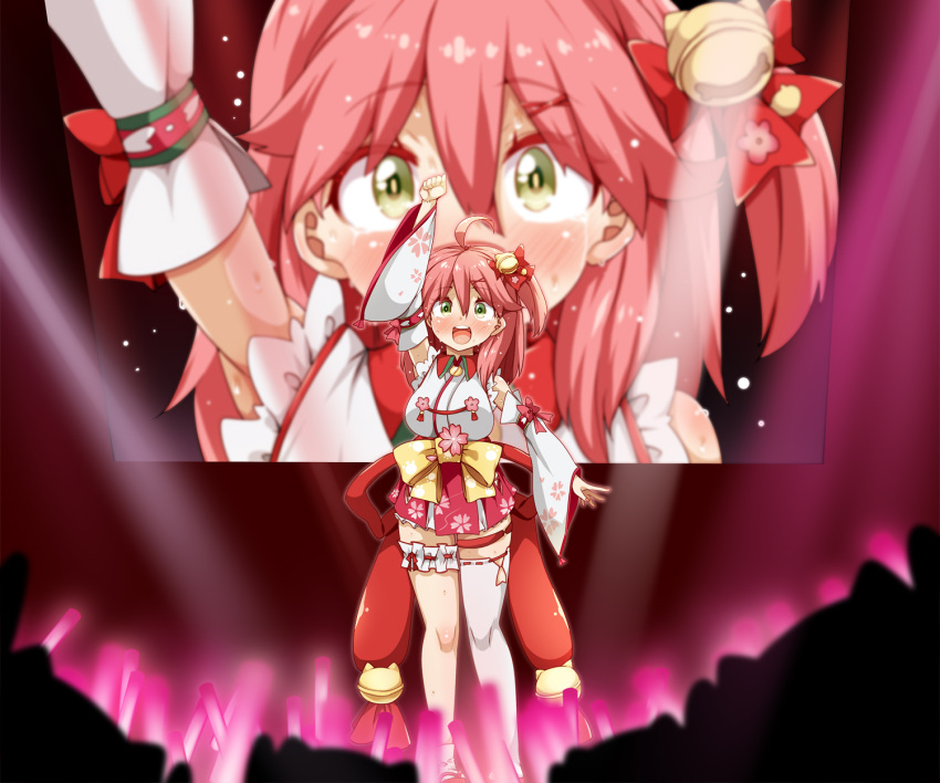 35p_(sakura_miko), ahoge, arm_up, audience, bell, cherry_blossom_print, clenched_hand, detached_sleeves, floral_print, glowstick, green_eyes, hair_bell, hair_ornament, highres, hololive, knees, leg_garter, open_mouth, paw_print_pattern, pink_hair, raiden_(raiden_labo), sakura_miko, single_thighhigh, sweat, tears, thigh-highs, tongue, upper_teeth, virtual_youtuber, white_legwear, zoom_layer