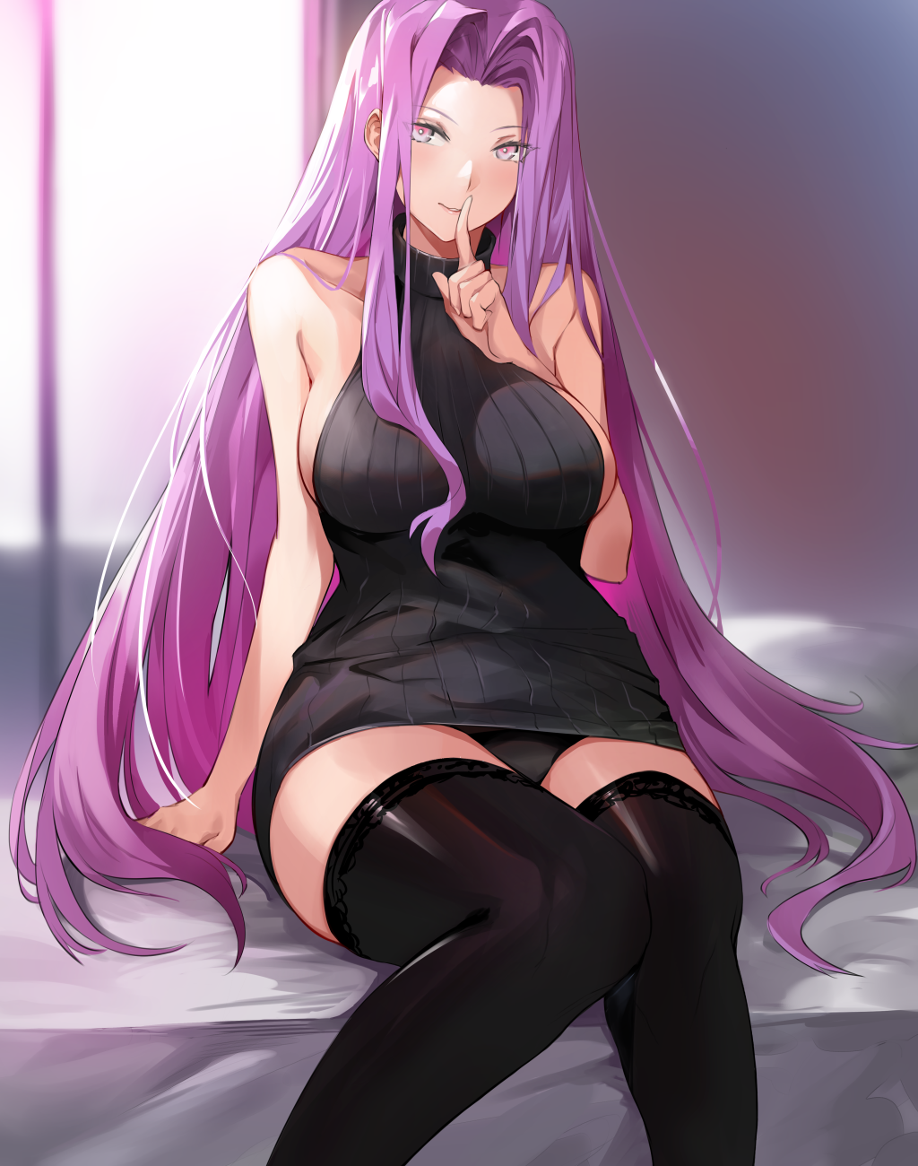 1girl, backless_dress, backless_outfit, bangs, bare_shoulders, black_legwear, black_panties, black_sweater