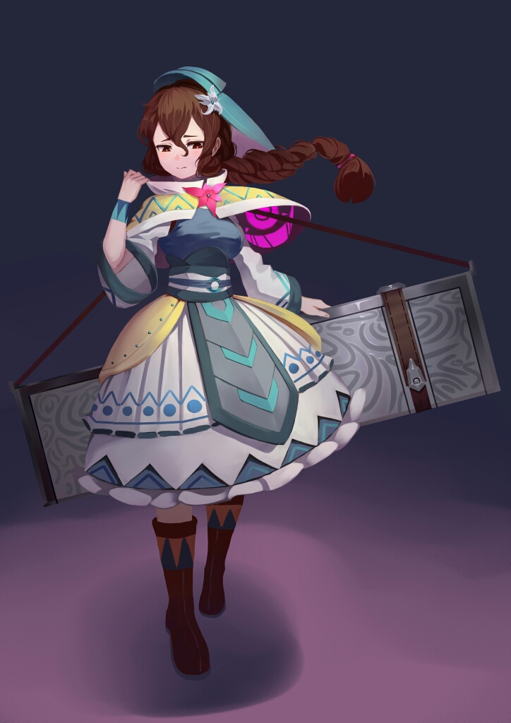 1girl, alternate_costume, blue_dress, blue_headwear, boots, braid, breasts, brown_footwear