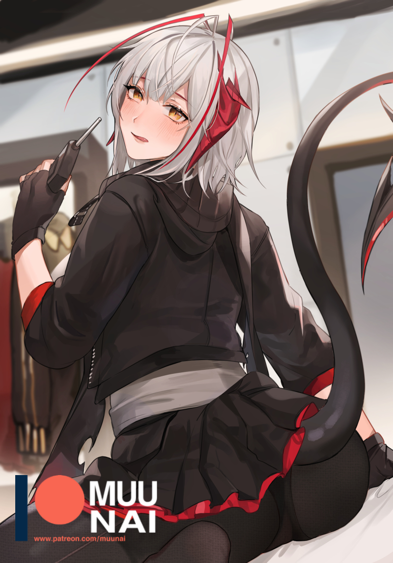 1girl, arknights, bangs, black_gloves, black_jacket, black_legwear, black_skirt, breasts