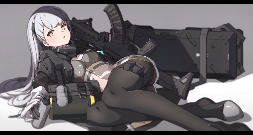 1girl, ak-alfa, ak-alfa_(girls_frontline), assault_rifle, bangs, black_gloves, black_jacket, black_legwear