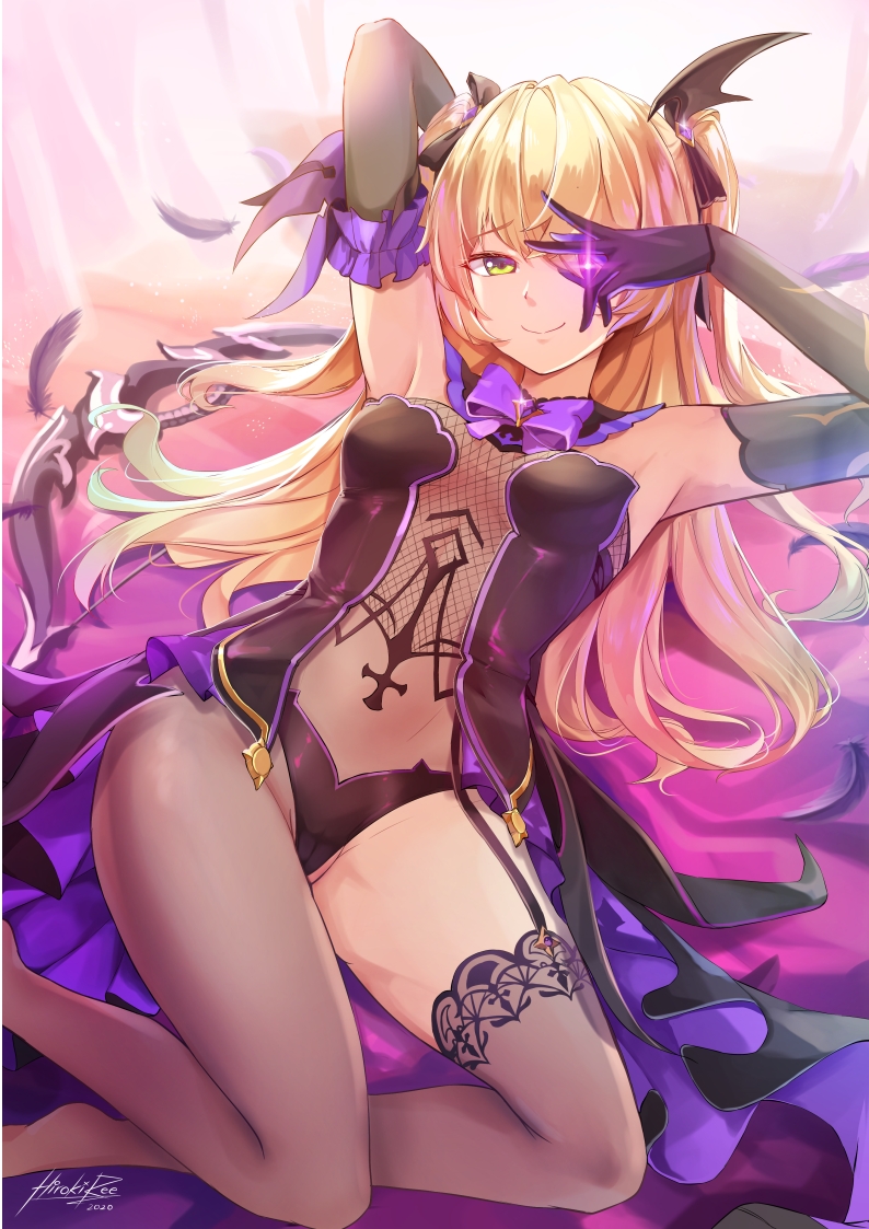 1girl, amethyst_(gemstone), arm_behind_head, arm_garter, armpits, arms_up, artist_name, bare_shoulders