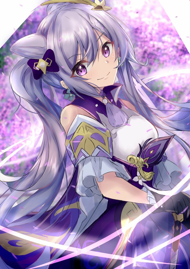 1girl, bangs, bare_shoulders, commentary_request, dress, eyebrows_visible_through_hair, genshin_impact, gloves