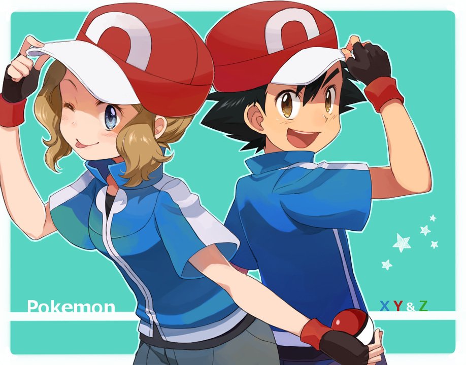 1boy, 1girl, amourshipping, ash_ketchum, ash_ketchum_(cosplay), baseball_cap, black_hair, black_shirt