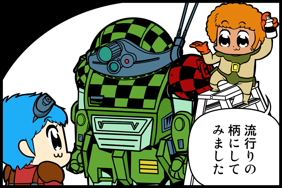 2boys, afro, bkub_(style), black_eyes, blonde_hair, blue_hair, can, checkered