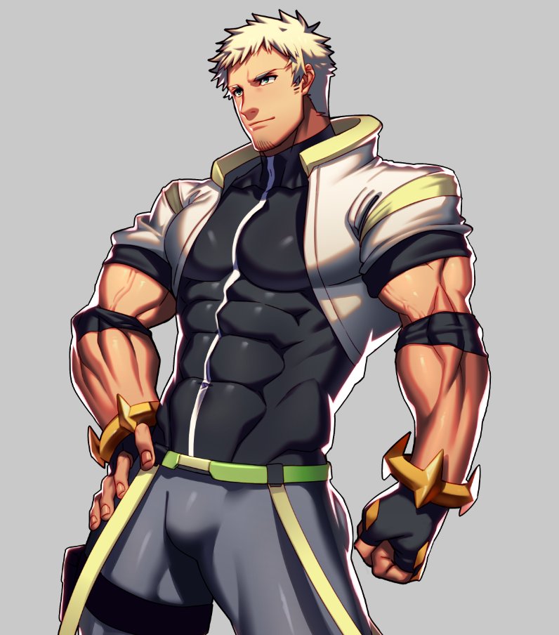1boy, bara, black_gloves, blonde_hair, bulge, chest, covered_abs, covered_navel, facial_hair, fingerless_gloves, gloves, gyee, hand_on_hip, looking_to_the_side, lvlv, male_focus, muscle, pants, radian_(gyee), shirt, short_hair, shrug_(clothing), sideburns, solo, stubble, taut_clothes, taut_shirt, thick_thighs, thighs, tight, tight_pants, tight_shirt