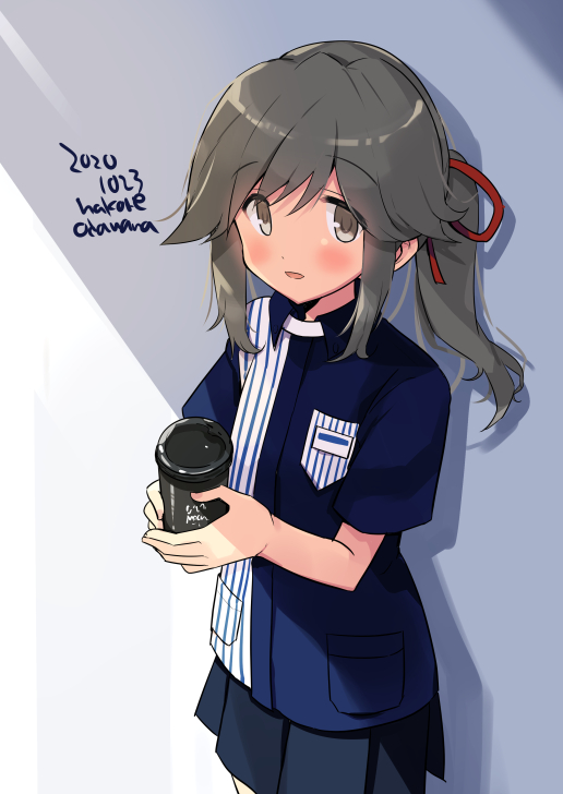 1girl, blue_shirt, blue_skirt, blush, dated, employee_uniform, eyebrows_visible_through_hair, grey_eyes