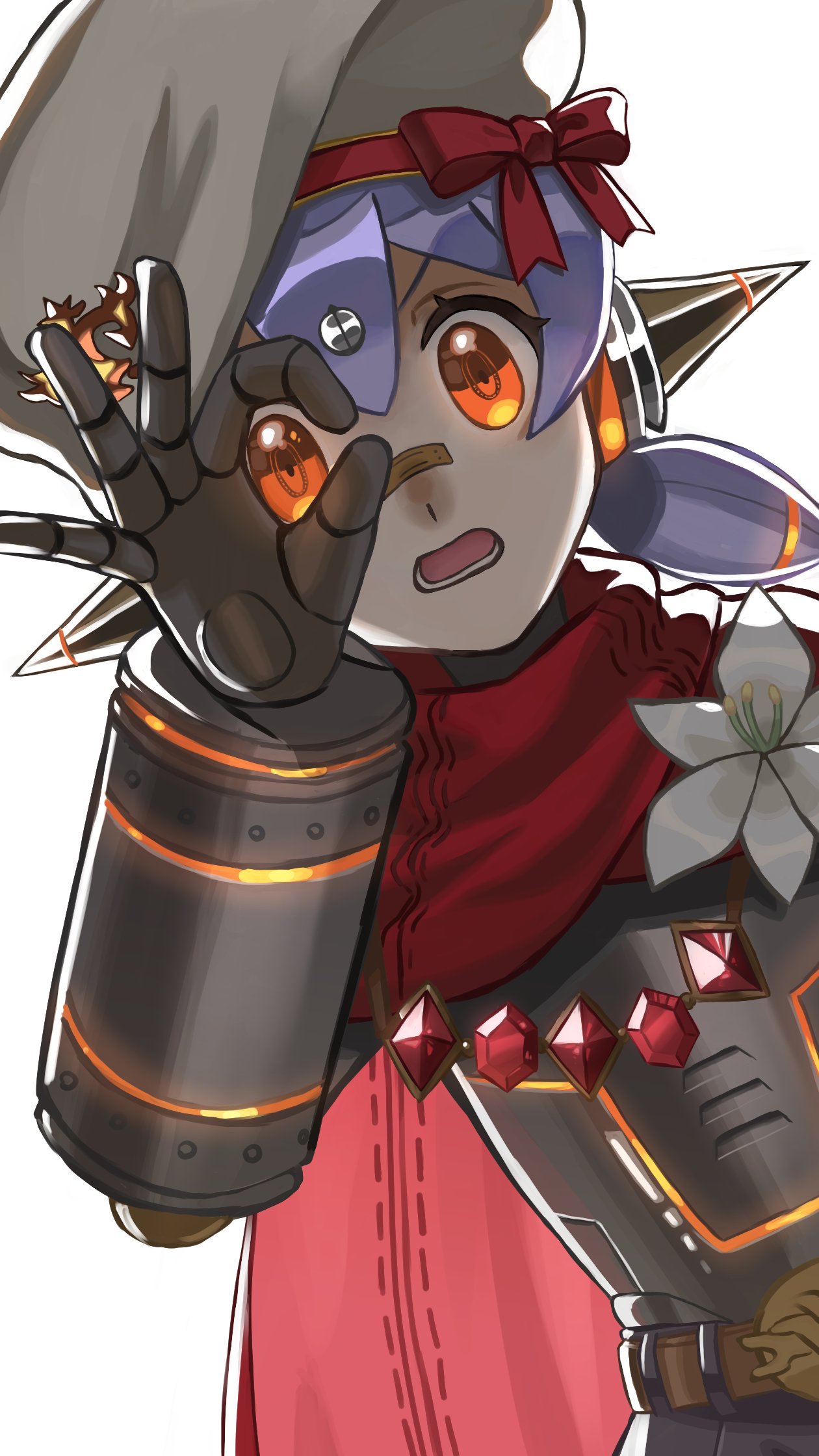 1girl, android, bloodymooncook, cape, flower, hat, highres, joints, open_mouth, orange_eyes, poppi_(xenoblade), poppi_alpha_(xenoblade), purple_hair, robot_joints, short_hair, solo, twintails, upper_body, white_flower, white_headwear, xenoblade_chronicles_(series), xenoblade_chronicles_2
