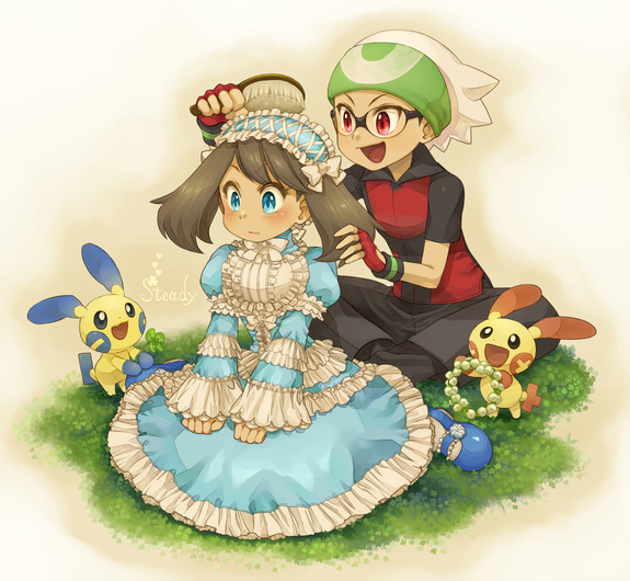 1boy, 1girl, beanie, black-framed_eyewear, blue_dress, blue_eyes, blue_footwear, blush