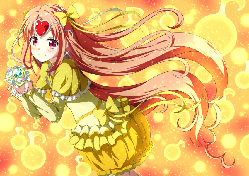 1girl, blush, bow, brown_hair, bubble_skirt, capelet, closed_mouth, commentary_request