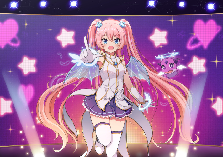 1girl, :d, angelic_buster, bangs, bare_shoulders, blue_eyes, blue_wings, blush, boots, breasts, brown_hair, commentary_request, eyebrows_visible_through_hair, gloves, glowing, gradient_hair, hair_between_eyes, horns, long_hair, looking_at_viewer, maplestory, medium_breasts, mini_wings, multicolored_hair, nekono_rin, open_mouth, pink_hair, pleated_skirt, purple_skirt, shirt, sidelocks, skirt, sleeveless, sleeveless_shirt, smile, solo, standing, standing_on_one_leg, star_(symbol), thigh-highs, thighhighs_under_boots, transparent_wings, twintails, very_long_hair, white_footwear, white_gloves, white_legwear, white_shirt, wings