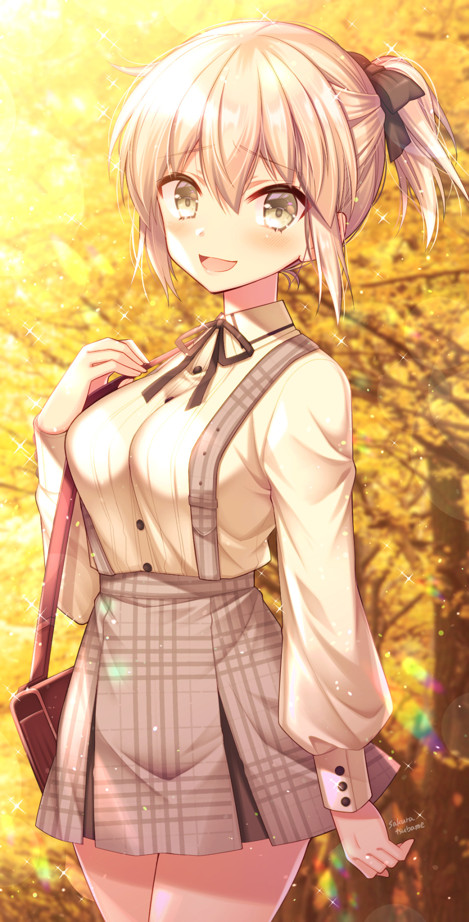 1girl, :d, artist_name, bag, black_bow, blurry, blurry_background, bow