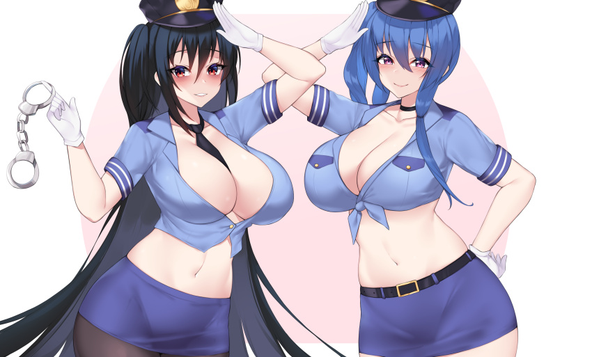 2girls, arm_up, azur_lane, bangs, belt, between_breasts, black_hair, black_headwear