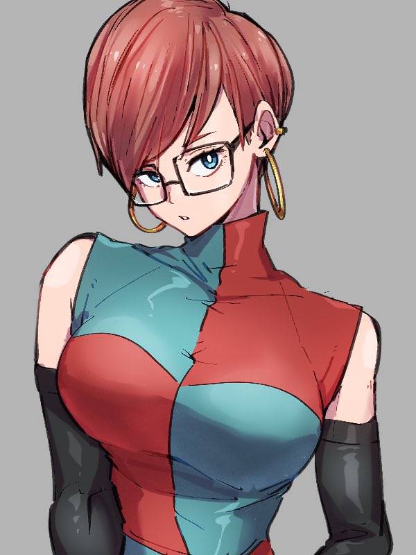 1girl, alternate_hair_length, alternate_hairstyle, android_21, black-framed_eyewear, breasts, checkered, checkered_dress
