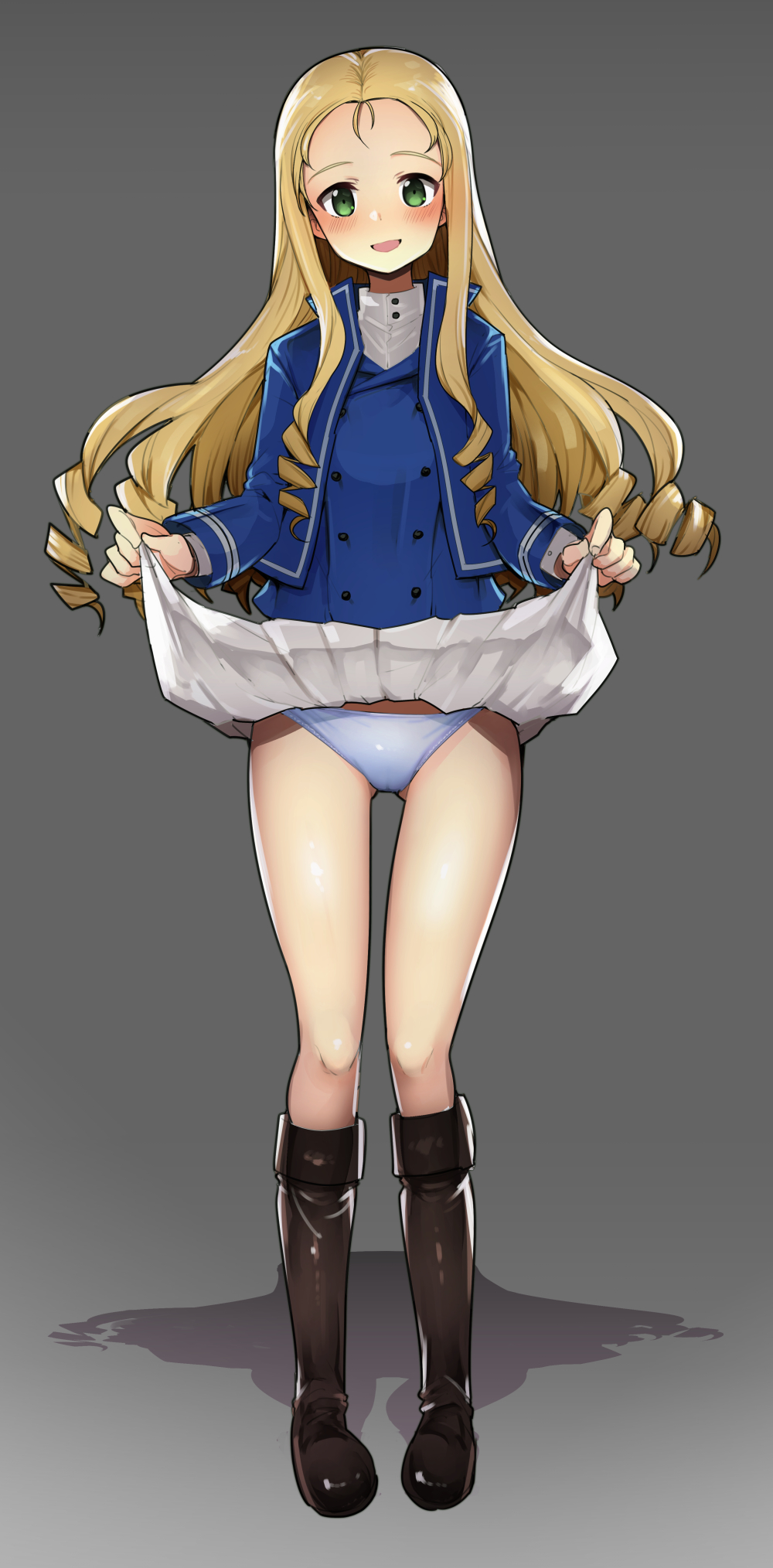 1girl, bc_freedom_military_uniform, black_footwear, blonde_hair, boots, commentary_request, double-breasted, drill_hair
