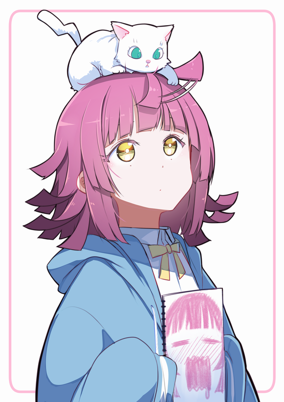 1girl, ahoge, animal, animal_on_head, bangs, blue_hoodie, blunt_bangs, cat