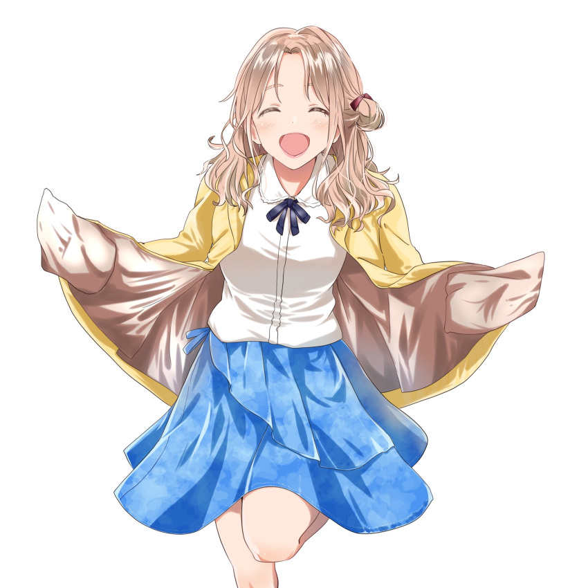 1girl, akane_(getwild23), black_ribbon, blue_skirt, brown_hair, cardigan, closed_eyes, commentary_request