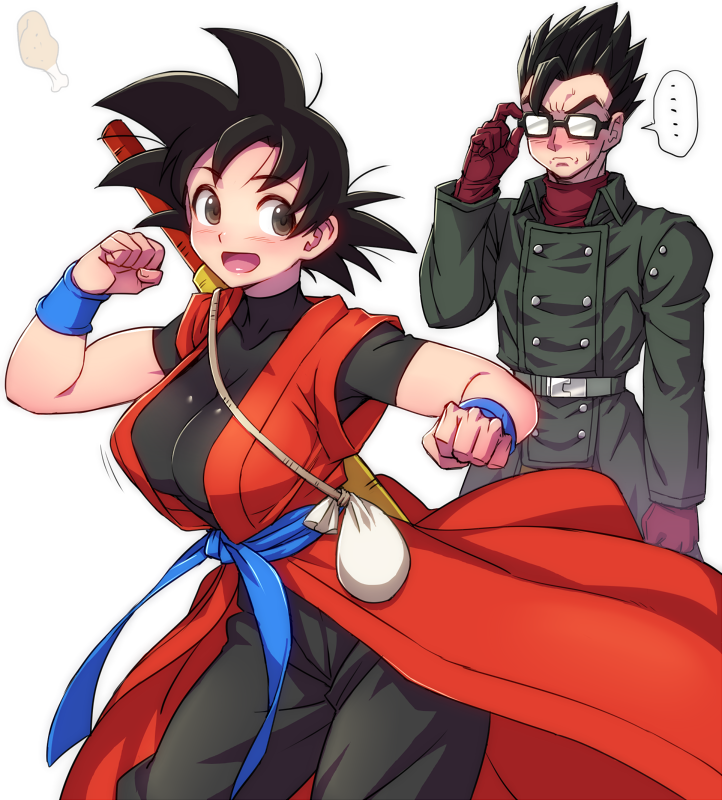 ..., 1boy, 1girl, :d, adjusting_eyewear, black_bodysuit, black_hair, blue_sash, blush, bodysuit, buttons, coat, dragon_ball, dragon_ball_heroes, food, genderswap, genderswap_(mtf), glasses, japanese_clothes, kimono, mature, mother_and_son, nose_blush, nyoibo, open_mouth, red_kimono, sash, smile, son_gohan, son_gohan_(xeno), son_gokuu, son_gokuu_(xeno), speech_bubble, spoken_ellipsis, sweatdrop, teba_makoto