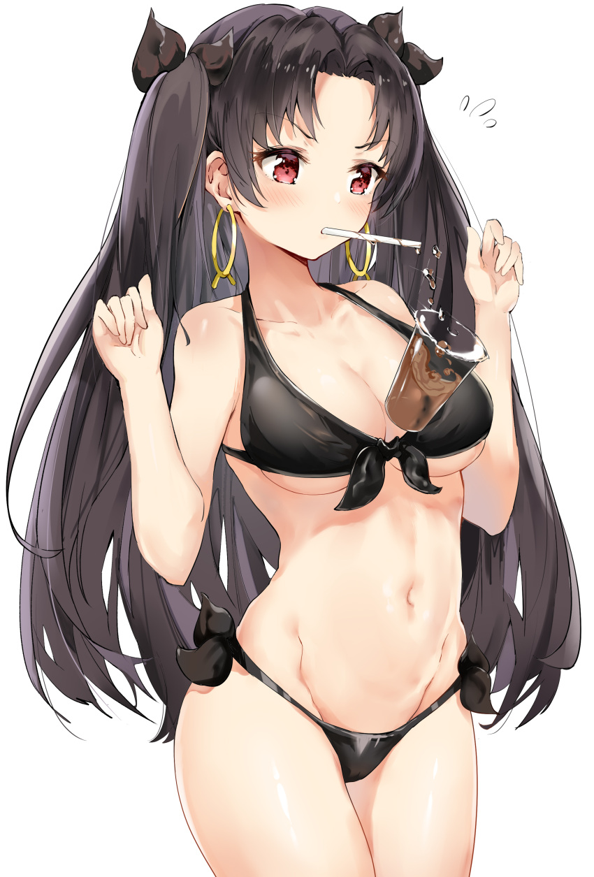 1girl, absurdres, bikini, black_bikini, black_hair, blush, breasts, bubble_tea, bubble_tea_challenge, collarbone, commentary_request, drinking_straw, earrings, fate/grand_order, fate_(series), hands_up, highres, hoop_earrings, ishtar_(fate)_(all), ishtar_(fate/grand_order), jewelry, long_hair, medium_breasts, mouth_hold, natsuichi-sama, navel, red_eyes, revision, side-tie_bikini, simple_background, solo, swimsuit, two_side_up, white_background