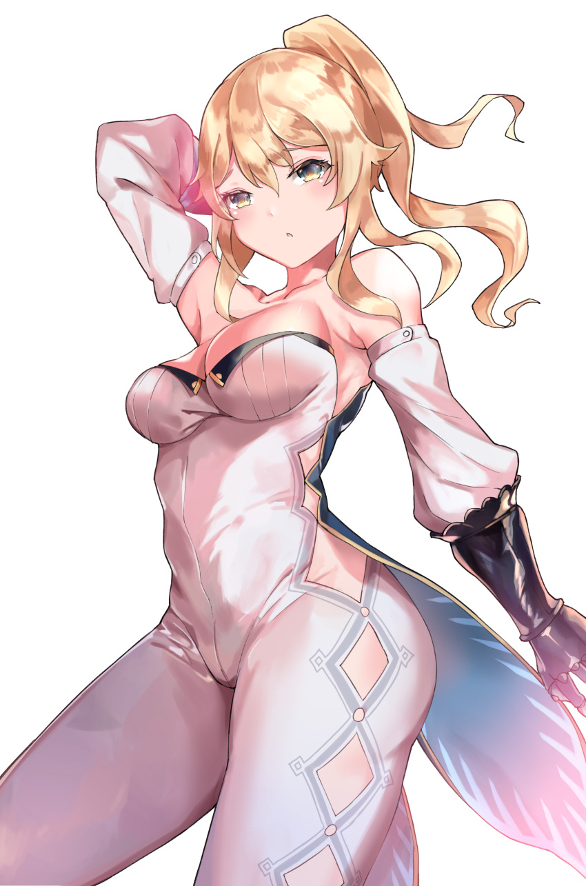 1girl, absurdres, arm_behind_head, armpits, bare_shoulders, blonde_hair, blush, breasts, cowboy_shot, detached_sleeves, envel203, genshin_impact, groin, hair_between_eyes, highres, jean_(genshin_impact), letterboxed, looking_at_viewer, medium_breasts, solo, thighs, white_background