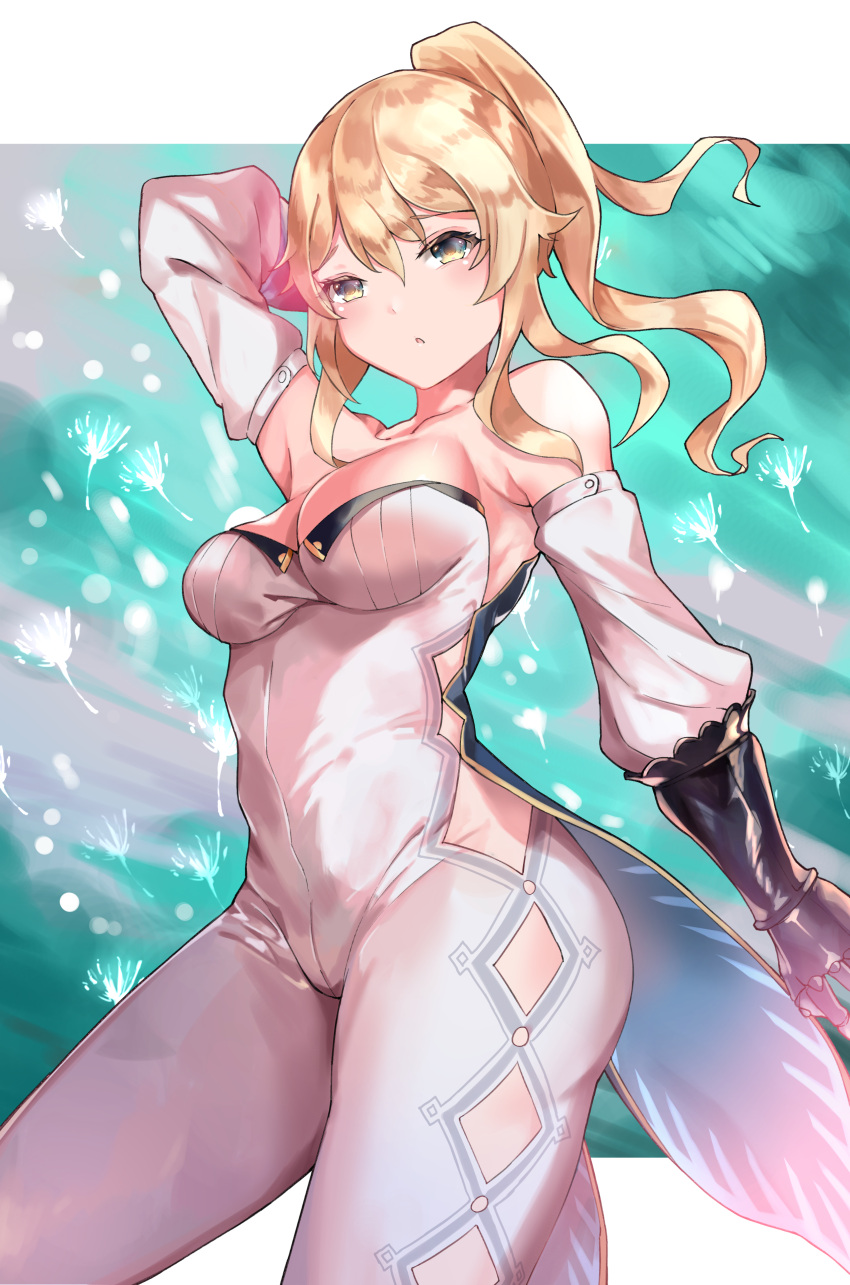 1girl, absurdres, arm_behind_head, armpits, bare_shoulders, blonde_hair, blush, border, breasts, cowboy_shot, detached_sleeves, envel203, genshin_impact, groin, hair_between_eyes, highres, jean_(genshin_impact), letterboxed, looking_at_viewer, medium_breasts, outside_border, solo, thighs, white_border