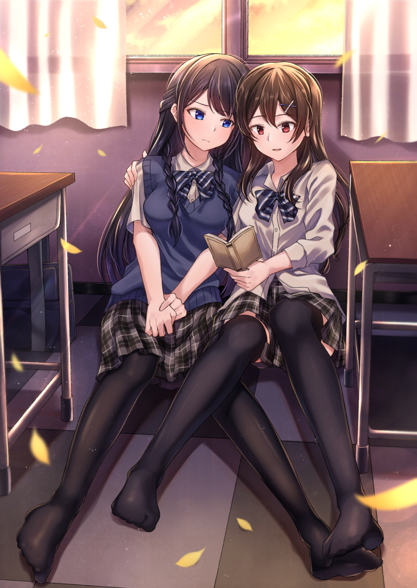 2girls, absurdres, arms_around_back, bag, black_hair, black_legwear, blue_eyes, bobby_pin
