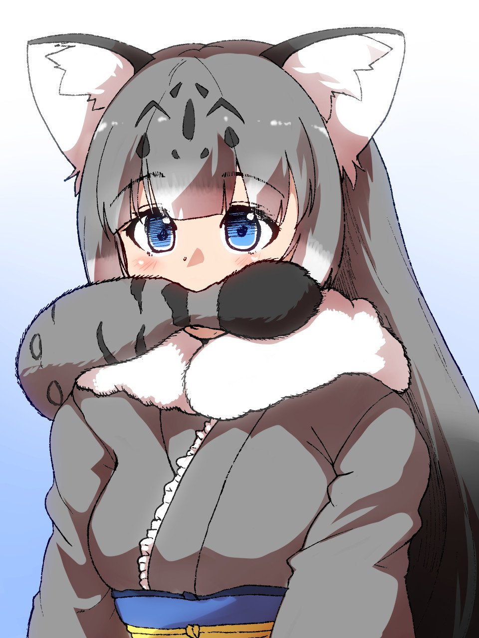1girl, animal_ears, animal_print, blue_eyes, blush, eyebrows_visible_through_hair, fur_trim, grey_hair